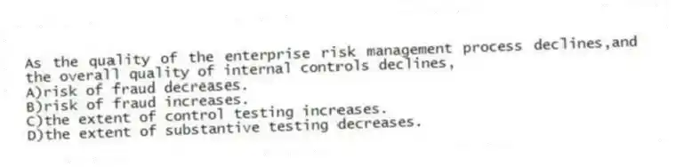 As the quality of the enterprise risk management process declines,and the overall quality of internal controls declines,
A)risk of fraud decreases.
B)risk of fraud increases.
C)the extent of control testing increases.
D)the extent of substantive testing decreases.