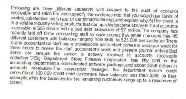 Following are three different situations with respect to the audit of accounts receivable and sales.For each,specify the evidence mix that you would use (tests of control,substantive tests,type of confirmation/timing),and explain why.A)The client is in a volatile industry,selling products that can quickly become obsolete.Total accounts receivable is $65 million with a bad debt allowance of $7 million.The company has recently laid off three accounting staff to save money.B)A small company has 45 different customers with balances ranging from $500 to $25 000 per customer.There is one accountant on staff and a professional accountant comes in once per week for three hours to review the staff accountant's work and prepare journal entries.Bad debts are rare,as the owner is actively involved in accounts receivable collection.C)Big Department Store Finance Corporation has fifty staff in the accounting department,a sophisticated software package,and about $250 million in accounts receivable.The corporation manages the department store's credit cards.About 100 000 credit card customers have balances less than $300 on their accounts,while the balances for the remaining customers range up to a maximum of $5000.