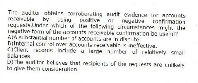 The auditor obtains corroborating audit evidence for accounts receivable by using positive or negative confirmation requests.Under which of the following circumstances might the negative form of the accounts receivable confirmation be useful?
A)A substantial number of accounts are in dispute.
B)Internal control over accounts receivable is ineffective.
C)Client records include a large number of relatively small balances.
D)The auditor believes that recipients of the requests are unlikely to give them consideration.