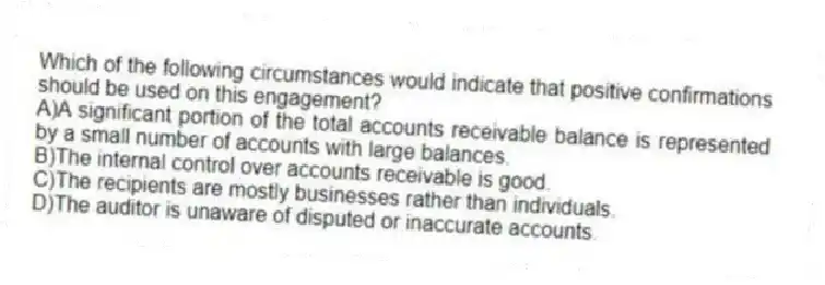 Which of the following circumstances would indicate that positive confirmations should be used on this engagement?
A)A significant portion of the total accounts receivable balance is represented by a small number of accounts with large balances.
B)The internal control over accounts receivable is good.
C)The recipients are mostly businesses rather than individuals.
D)The auditor is unaware of disputed or inaccurate accounts.