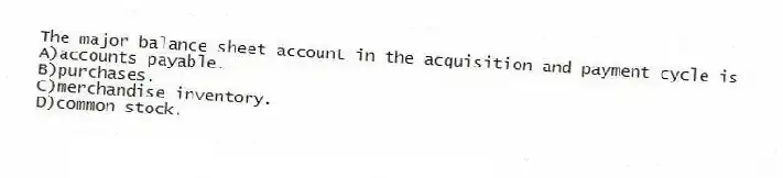 The major balance sheet account in the acquisition and payment cycle is
A)accounts payable.
B)purchases.
C)merchandise inventory.
D)common stock.