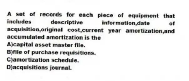 A set of records for each piece of equipment that includes descriptive information,date of acquisition,original cost,current year amortization,and accumulated amortization is the
A)capital asset master file.
B)file of purchase requisitions.
C)amortization schedule.
D)acquisitions journal.