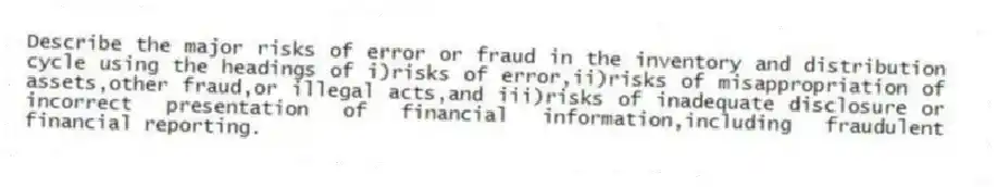 Describe the major risks of error or fraud in the inventory and distribution cycle using the headings of i)risks of error,ii)risks of misappropriation of assets,other fraud,or illegal acts,and iii)risks of inadequate disclosure or incorrect presentation of financial information,including fraudulent financial reporting.