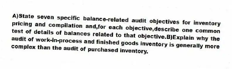 A)State seven specific balance-related audit objectives for inventory pricing and compilation and,for each objective,describe one common test of details of balances related to that objective.B)Explain why the audit of work-in-process and finished goods inventory is generally more complex than the audit of purchased inventory.