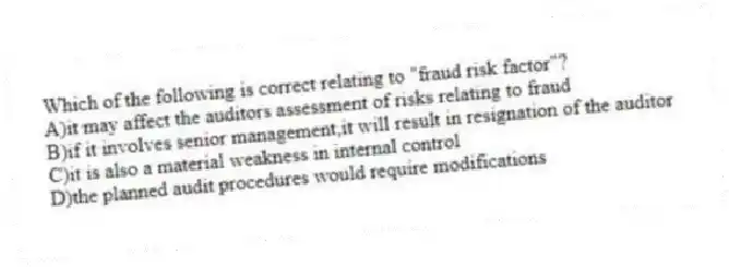 Which of the following is correct relating to "fraud risk factor"?
A)it may affect the auditors assessment of risks relating to fraud
B)if it involves senior management,it will result in resignation of the auditor
C)it is also a material weakness in internal control
D)the planned audit procedures would require modifications