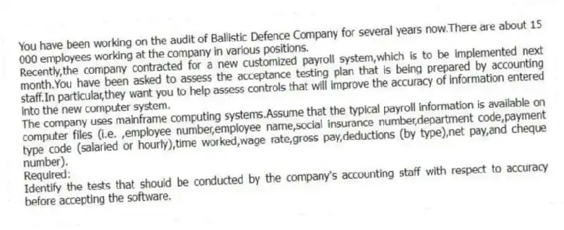 You have been working on the audit of Ballistic Defence Company for several years now.There are about 15 000 employees working at the company in various positions.
Recently,the company contracted for a new customized payroll system,which is to be implemented next month.You have been asked to assess the acceptance testing plan that is being prepared by accounting staff.In particular,they want you to help assess controls that will improve the accuracy of information entered into the new computer system.
The company uses mainframe computing systems.Assume that the typical payroll information is available on computer files (i.e. ,employee number,employee name,social insurance number,department code,payment type code (salaried or hourly),time worked,wage rate,gross pay,deductions (by type),net pay,and cheque number).
Required:
Identify the tests that should be conducted by the company's accounting staff with respect to accuracy before accepting the software.