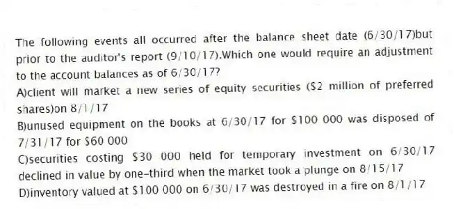 The following events all occurred after the balance sheet date (6/30/17)but prior to the auditor's report (9/10/17).Which one would require an adjustment to the account balances as of 6/30/17?
A)client will market a new series of equity securities ($2 million of preferred shares)on 8/1/17
B)unused equipment on the books at 6/30/17 for $100 000 was disposed of 7/31/17 for $60 000
C)securities costing $30 000 held for temporary investment on 6/30/17 declined in value by one-third when the market took a plunge on 8/15/17
D)inventory valued at $100 000 on 6/30/17 was destroyed in a fire on 8/1/17
