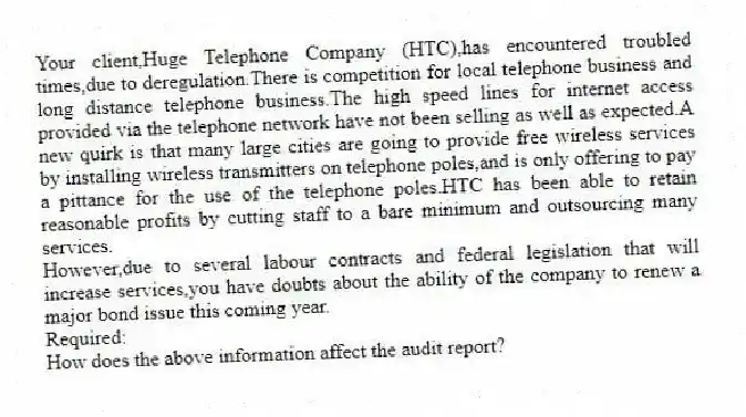 Your client,Huge Telephone Company (HTC),has encountered troubled times,due to deregulation.There is competition for local telephone business and long distance telephone business.The high speed lines for internet access provided via the telephone network have not been selling as well as expected.A new quirk is that many large cities are going to provide free wireless services by installing wireless transmitters on telephone poles,and is only offering to pay a pittance for the use of the telephone poles.HTC has been able to retain reasonable profits by cutting staff to a bare minimum and outsourcing many services.
However,due to several labour contracts and federal legislation that will increase services,you have doubts about the ability of the company to renew a major bond issue this coming year.
Required:
How does the above information affect the audit report?
