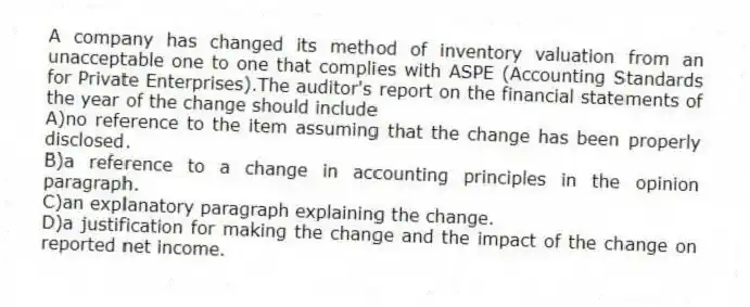 A company has changed its method of inventory valuation from an unacceptable one to one that complies with ASPE (Accounting Standards for Private Enterprises).The auditor's report on the financial statements of the year of the change should include
A)no reference to the item assuming that the change has been properly disclosed.
B)a reference to a change in accounting principles in the opinion paragraph.
C)an explanatory paragraph explaining the change.
D)a justification for making the change and the impact of the change on reported net income.