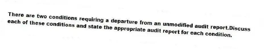 There are two conditions requiring a departure from an unmodified audit report.Discuss each of these conditions and state the appropriate audit report for each condition.