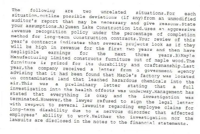 The following are two unrelated situations.For each situation,outline possible deviations (if any)from an unmodified auditor's report that may be necessary and give reasons.State your assumptions.A)Queen Lake Construction Ltd.uses an aggressive revenue recognition policy under the percentage of completion method for long-term construction contracts.Your review of this year's contracts indicates that several projects look as if they will be high in revenue for the first two years and then have negligible earnings for the next three years.B)Maple Manufacturing Limited constructs furniture out of maple wood.The furniture is prized for its durability and craftsmanship.Last year,the company received a letter from a government agency advising that it had been found that Maple's factory was located on contaminated land that leached hazardous chemicals into the air.This was a preliminary letter stating that a full investigation into the health effects was underway.Management has stated that everything is okay and the investigation was terminated.However,the lawyer refused to sign the legal letter with respect to several lawsuits regarding employee claims for long-term disability due to a nervous disorder that affected employees' ability to work.Neither the investigation nor the lawsuits are disclosed in the notes to the financial statements.