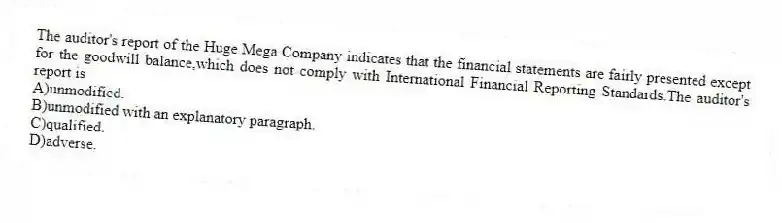 The auditor's report of the Huge Mega Company indicates that the financial statements are fairly presented except for the goodwill balance,which does not comply with International Financial Reporting Standards.The auditor's report is
A)unmodified.
B)unmodified with an explanatory paragraph.
C)qualified.
D)adverse.