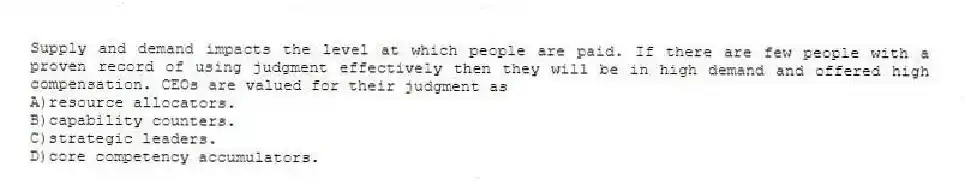 Supply and demand impacts the level at which people are paid. If there are few people with a proven record of using judgment effectively then they will be in high demand and offered high compensation. CEOs are valued for their judgment as
A)resource allocators.
B)capability counters.
C)strategic leaders.
D)core competency accumulators.