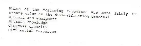Which of the following resources are more likely to create value in the diversification process?
A)plant and equipment
B)tacit knowledge
C)excess capacity
D)financial resources
