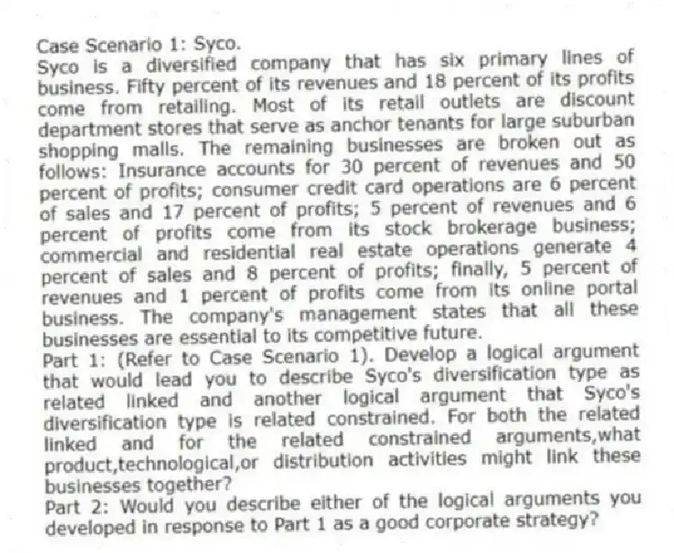 Case Scenario 1: Syco.
Syco is a diversified company that has six primary lines of business. Fifty percent of its revenues and 18 percent of its profits come from retailing. Most of its retail outlets are discount department stores that serve as anchor tenants for large suburban shopping malls. The remaining businesses are broken out as follows: Insurance accounts for 30 percent of revenues and 50 percent of profits; consumer credit card operations are 6 percent of sales and 17 percent of profits; 5 percent of revenues and 6 percent of profits come from its stock brokerage business; commercial and residential real estate operations generate 4 percent of sales and 8 percent of profits; finally, 5 percent of revenues and 1 percent of profits come from its online portal business. The company's management states that all these businesses are essential to its competitive future.
-Part 1: (Refer to Case Scenario 1). Develop a logical argument that would lead you to describe Syco's diversification type as related linked and another logical argument that Syco's diversification type is related constrained. For both the related linked and for the related constrained arguments,what product,technological,or distribution activities might link these businesses together?
Part 2: Would you describe either of the logical arguments you developed in response to Part 1 as a good corporate strategy?