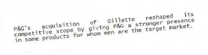 P&G's acquisition of Gillette reshaped its competitive scope by giving P&G a stronger presence in some products for whom men are the target market.