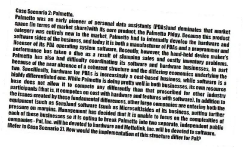 Case Scenario 2: Palmetto.
Palmetto was an early pioneer of personal data assistants (PDAs)and dominates that market space (in terms of market share)with its core product, the Palmetto Pidgy. Because this product category was entirely new to the market, Palmetto had to internally develop the hardware and software sides of the business, and today it is both a manufacturer of PDAs and a programmer and licensor of its PDA operating system software. Recently, however, the hand-held device maker's performance has taken a dive as a result of slumping sales and costly inventory problems. Palmetto has also had difficulty coordinating its software and hardware businesses, in part because of the near absence of a coherent structure and the differing economics underlying the two. Specifically, hardware for PDAs is increasingly a cost-based business, while software is a highly differentiated one. While Palmetto is doing pretty well in both businesses, its own resource base does not allow it to compete any differently than that proscribed for other industry participants (that is, it competes on cost with hardware and features with software). In addition to the issues created by these fundamental differences, other large companies are entering both the equipment (such as Sony)and software (such as Microsoft)sides of its business, putting further pressure on margins. Management has decided that it is unable to focus on the complexities of each of these businesses so it is opting to break Palmetto into two separate, independent public companies - Pal, Inc. will be devoted to hardware and Mettolink, Inc. will be devoted to software.
-(Refer to Case Scenario 2). How would the implementation of this structure differ for Pal?