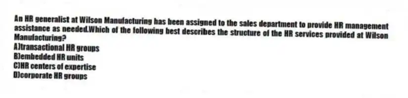 An HR generalist at Wilson Manufacturing has been assigned to the sales department to provide HR management assistance as needed.Which of the following best describes the structure of the HR services provided at Wilson Manufacturing?
A)transactional HR groups
B)embedded HR units
C)HR centers of expertise
D)corporate HR groups