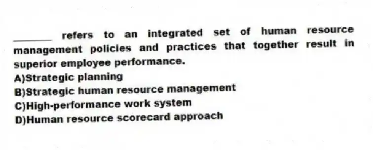 ________ refers to an integrated set of human resource management policies and practices that together result in superior employee performance.
A)Strategic planning
B)Strategic human resource management
C)High-performance work system
D)Human resource scorecard approach