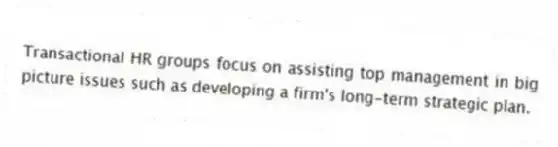 Transactional HR groups focus on assisting top management in big picture issues such as developing a firm's long-term strategic plan.