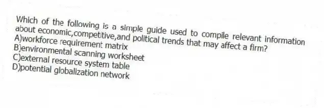 Which of the following is a simple guide used to compile relevant information about economic,competitive,and political trends that may affect a firm?
A)workforce requirement matrix
B)environmental scanning worksheet
C)external resource system table
D)potential globalization network