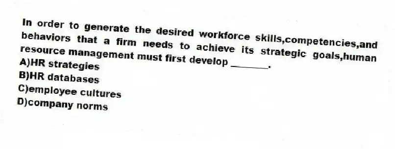 In order to generate the desired workforce skills,competencies,and behaviors that a firm needs to achieve its strategic goals,human resource management must first develop ________.
A)HR strategies
B)HR databases
C)employee cultures
D)company norms