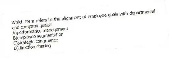 Which term refers to the alignment of employee goals with departmental and company goals?
A)performance management
B)employee segmentation
C)strategic congruence
D)direction sharing