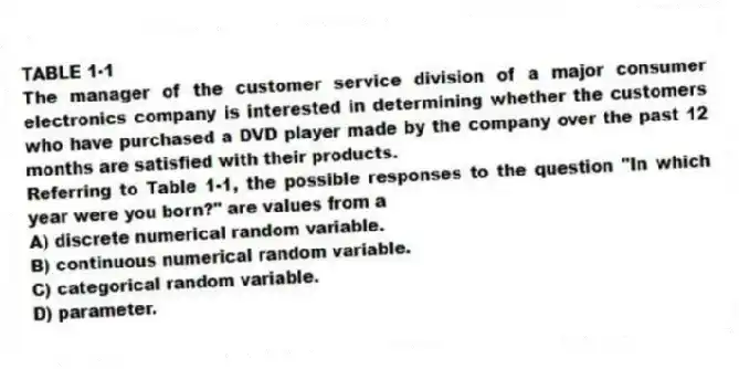 TABLE 1-1
The manager of the customer service division of a major consumer electronics company is interested in determining whether the customers who have purchased a DVD player made by the company over the past 12 months are satisfied with their products.
-Referring to Table 1-1, the possible responses to the question "In which year were you born?" are values from a
A) discrete numerical random variable.
B) continuous numerical random variable.
C) categorical random variable.
D) parameter.