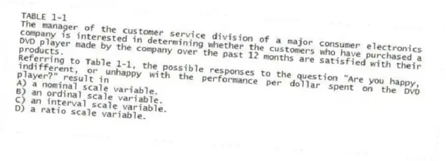 TABLE 1-1
The manager of the customer service division of a major consumer electronics company is interested in determining whether the customers who have purchased a DVD player made by the company over the past 12 months are satisfied with their products.
-Referring to Table 1-1, the possible responses to the question "Are you happy, indifferent, or unhappy with the performance per dollar spent on the DVD player?" result in
A) a nominal scale variable.
B) an ordinal scale variable.
C) an interval scale variable.
D) a ratio scale variable.