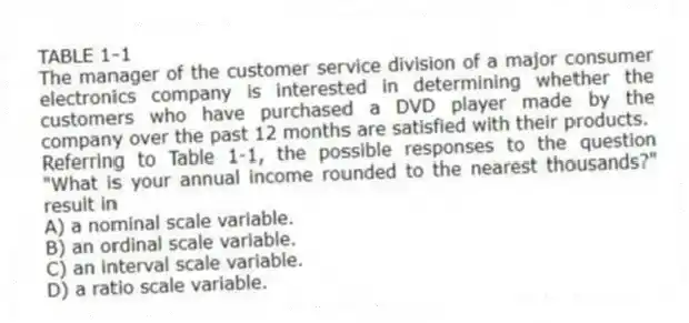 TABLE 1-1
The manager of the customer service division of a major consumer electronics company is interested in determining whether the customers who have purchased a DVD player made by the company over the past 12 months are satisfied with their products.
-Referring to Table 1-1, the possible responses to the question "What is your annual income rounded to the nearest thousands?" result in
A) a nominal scale variable.
B) an ordinal scale variable.
C) an interval scale variable.
D) a ratio scale variable.