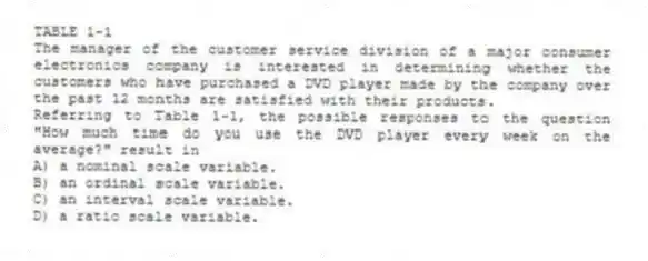 TABLE 1-1
The manager of the customer service division of a major consumer electronics company is interested in determining whether the customers who have purchased a DVD player made by the company over the past 12 months are satisfied with their products.
-Referring to Table 1-1, the possible responses to the question "How much time do you use the DVD player every week on the average?" result in
A) a nominal scale variable.
B) an ordinal scale variable.
C) an interval scale variable.
D) a ratio scale variable.