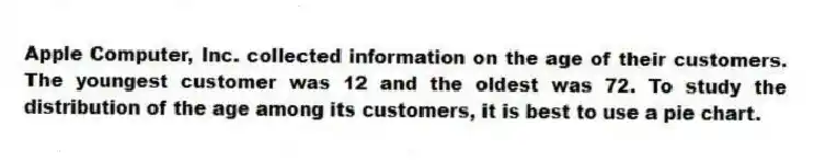 Apple Computer, Inc. collected information on the age of their customers. The youngest customer was 12 and the oldest was 72. To study the distribution of the age among its customers, it is best to use a pie chart.