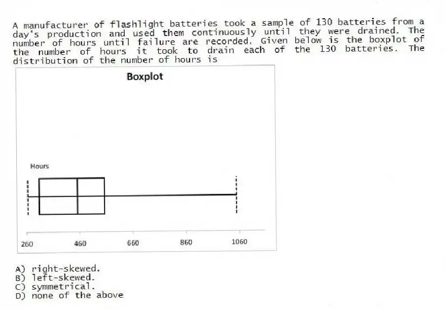A manufacturer of flashlight batteries took a sample of 130 batteries from a day's production and used them continuously until they were drained. The number of hours until failure are recorded. Given below is the boxplot of the number of hours it took to drain each of the 130 batteries. The distribution of the number of hours is
A) right-skewed.
B) left-skewed.
C) symmetrical.
D) none of the above