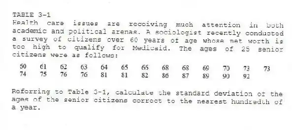 TABLE 3-1
Health care issues are receiving much attention in both academic and political arenas. A sociologist recently conducted a survey of citizens over 60 years of age whose net worth is too high to qualify for Medicaid. The ages of 25 senior citizens were as follows:
-Referring to Table 3-1, calculate the standard deviation of the ages of the senior citizens correct to the nearest hundredth of a year.