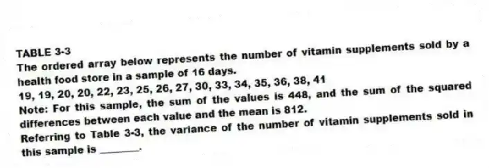 TABLE 3-3
The ordered array below represents the number of vitamin supplements sold by a health food store in a sample of 16 days.
19, 19, 20, 20, 22, 23, 25, 26, 27, 30, 33, 34, 35, 36, 38, 41
Note: For this sample, the sum of the values is 448, and the sum of the squared differences between each value and the mean is 812.
-Referring to Table 3-3, the variance of the number of vitamin supplements sold in this sample is ________.