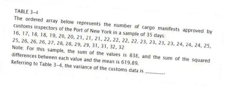 TABLE 3-4
The ordered array below represents the number of cargo manifests approved by customs inspectors of the Port of New York in a sample of 35 days:
16, 17, 18, 18, 19, 20, 20, 21, 21, 21, 22, 22, 22, 22, 23, 23, 23, 23, 24, 24, 24, 25, 25, 26, 26, 26, 27, 28, 28, 29, 29, 31, 31, 32, 32
Note: For this sample, the sum of the values is 838, and the sum of the squared differences between each value and the mean is 619.89.
-Referring to Table 3-4, the variance of the customs data is ________.