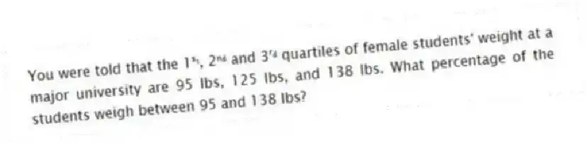 You were told that the 1ˢᵗ, 2ⁿᵈ and 3ʳᵈ quartiles of female students' weight at a major university are 95 lbs, 125 lbs, and 138 lbs. What percentage of the students weigh between 95 and 138 lbs?