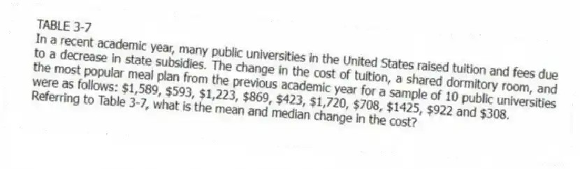 TABLE 3-7
In a recent academic year, many public universities in the United States raised tuition and fees due to a decrease in state subsidies. The change in the cost of tuition, a shared dormitory room, and the most popular meal plan from the previous academic year for a sample of 10 public universities were as follows: $1,589, $593, $1,223, $869, $423, $1,720, $708, $1425, $922 and $308.
-Referring to Table 3-7, what is the mean and median change in the cost?