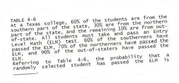 TABLE 4-6
At a Texas college, 60% of the students are from the southern part of the state, 30% are from the northern part of the state, and the remaining 10% are from out-of-state. All students must take and pass an Entry Level Math (ELM) test. 60% of the southerners have passed the ELM, 70% of the northerners have passed the ELM, and 90% of the out-of-staters have passed the ELM.
-Referring to Table 4-6, the probability that a randomly selected student has passed the ELM is ________.