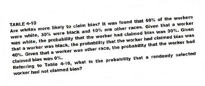 TABLE 4-10
Are whites more likely to claim bias? It was found that 60% of the workers were white, 30% were black and 10% are other races. Given that a worker was white, the probability that the worker had claimed bias was 30%. Given that a worker was black, the probability that the worker had claimed bias was 40%. Given that a worker was other race, the probability that the worker had claimed bias was 0%.
-Referring to Table 4-10, what is the probability that a randomly selected worker had not claimed bias?