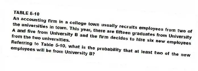 TABLE 5-10
An accounting firm in a college town usually recruits employees from two of the universities in town. This year, there are fifteen graduates from University A and five from University B and the firm decides to hire six new employees from the two universities.
-Referring to Table 5-10, what is the probability that at least two of the new employees will be from University B?