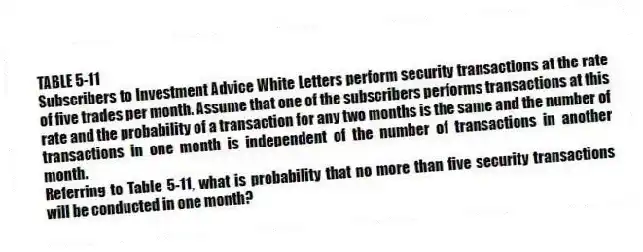 TABLE 5-11
Subscribers to Investment Advice White Letters perform security transactions at the rate of five trades per month. Assume that one of the subscribers performs transactions at this rate and the probability of a transaction for any two months is the same and the number of transactions in one month is independent of the number of transactions in another month.
-Referring to Table 5-11, what is probability that no more than five security transactions will be conducted in one month?