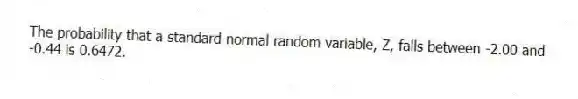The probability that a standard normal random variable, Z, falls between -2.00 and -0.44 is 0.6472.