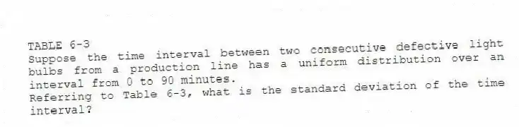 TABLE 6-3
Suppose the time interval between two consecutive defective light bulbs from a production line has a uniform distribution over an interval from 0 to 90 minutes.
-Referring to Table 6-3, what is the standard deviation of the time interval?