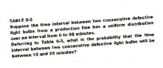 TABLE 6-3
Suppose the time interval between two consecutive defective light bulbs from a production line has a uniform distribution over an interval from 0 to 90 minutes.
-Referring to Table 6-3, what is the probability that the time interval between two consecutive defective light bulbs will be between 10 and 20 minutes?