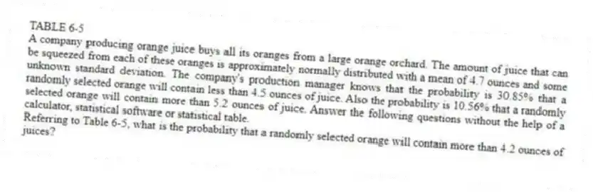 TABLE 6-5
A company producing orange juice buys all its oranges from a large orange orchard. The amount of juice that can be squeezed from each of these oranges is approximately normally distributed with a mean of 4.7 ounces and some unknown standard deviation. The company's production manager knows that the probability is 30.85% that a randomly selected orange will contain less than 4.5 ounces of juice. Also the probability is 10.56% that a randomly selected orange will contain more than 5.2 ounces of juice. Answer the following questions without the help of a calculator, statistical software or statistical table.
-Referring to Table 6-5, what is the probability that a randomly selected orange will contain more than 4.2 ounces of juices?