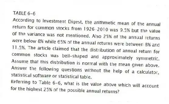 TABLE 6-6
According to Investment Digest, the arithmetic mean of the annual return for common stocks from 1926-2010 was 9.5% but the value of the variance was not mentioned. Also 25% of the annual returns were below 8% while 65% of the annual returns were between 8% and 11.5%. The article claimed that the distribution of annual return for common stocks was bell-shaped and approximately symmetric. Assume that this distribution is normal with the mean given above. Answer the following questions without the help of a calculator, statistical software or statistical table.
-Referring to Table 6-6, what is the value above which will account for the highest 25% of the possible annual returns?