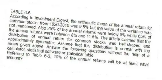TABLE 6-6
According to Investment Digest, the arithmetic mean of the annual return for common stocks from 1926-2010 was 9.5% but the value of the variance was not mentioned. Also 25% of the annual returns were below 8% while 65% of the annual returns were between 8% and 11.5%. The article claimed that the distribution of annual return for common stocks was bell-shaped and approximately symmetric. Assume that this distribution is normal with the mean given above. Answer the following questions without the help of a calculator, statistical software or statistical table.
-Referring to Table 6-6, 10% of the annual returns will be at least what amount?