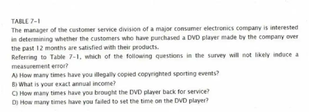TABLE 7-1
The manager of the customer service division of a major consumer electronics company is interested in determining whether the customers who have purchased a DVD player made by the company over the past 12 months are satisfied with their products.
-Referring to Table 7-1, which of the following questions in the survey will not likely induce a measurement error?
A) How many times have you illegally copied copyrighted sporting events?
B) What is your exact annual income?
C) How many times have you brought the DVD player back for service?
D) How many times have you failed to set the time on the DVD player?
