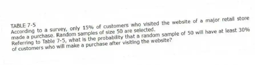 TABLE 7-5
According to a survey, only 15% of customers who visited the website of a major retail store made a purchase. Random samples of size 50 are selected.
-Referring to Table 7-5, what is the probability that a random sample of 50 will have at least 30% of customers who will make a purchase after visiting the website?